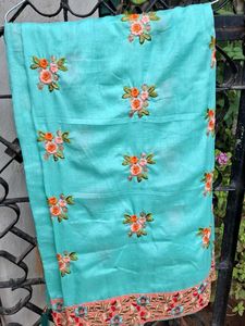 Beautifully Embroidered Teal Saree