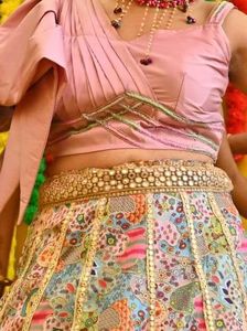 Designer Pink Brocade Blouse & Printed Lehenga Set