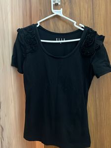 Elle Black Top with Floral Shoulder Detail