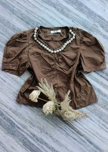 Korean Brown Puff Sleeve Top with pearl on nec
