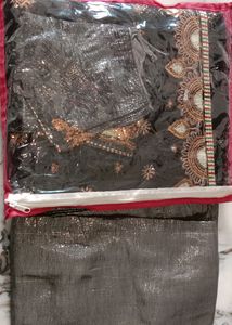 Net Black Saree With Golden Work