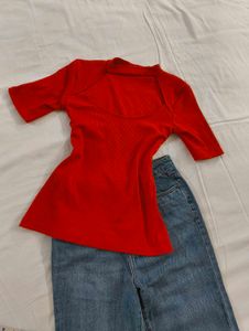 Red Ribbed Cutout Top