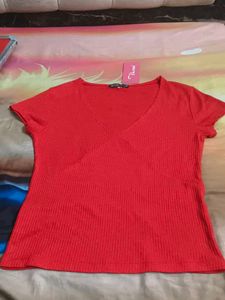 Red Ribbed V-Neck Top