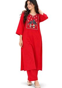 Vibrant Red Kurta Set with Bird Embroidery
