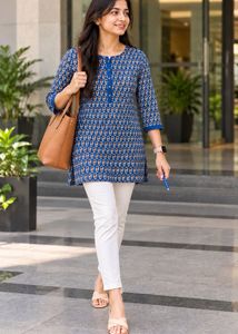 Blue Printed Cotton Kurta cum top