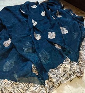 Elegant Teal Saree with Silver Embroidery