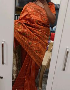 Orange Striped Saree with Embellishments