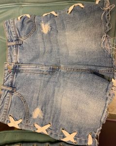 Distressed Denim Lace-Up Shorts