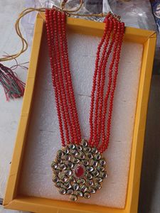 Red Beaded Necklace with Kundan Pendant
