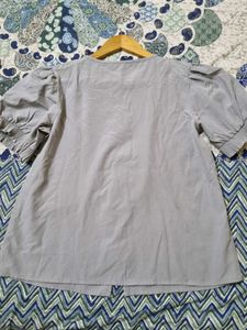 Stylish Grey Button-Up Puff Sleeve Top