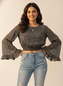 Chic Floral Print Bell Sleeve Crop Top