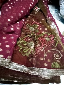 Embroidered Silk Saree net half fabr
