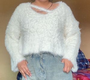 Fluffy White Cropped Sweater