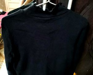 Navy Blue Turtleneck Top with Ruffle Neck