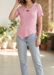 Pink Ribbed Asymmetrical Hem Top
