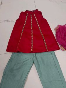 Red &amp; Teal Kurta Set with Dupatta for kids