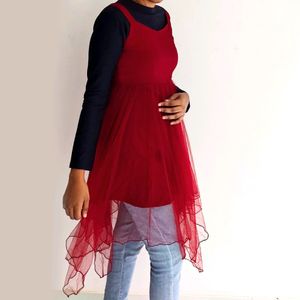 Maroon And Blue Net Dress / Top