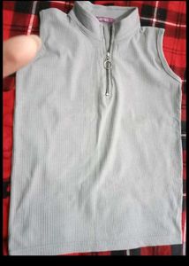 Grey Ribbed Zip Neck Sleeveless Top