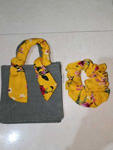 Yellow Floral Scrunchie &amp; Mini Jute Bag Set