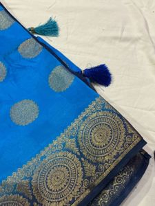 Vibrant Blue Silk Saree with Brocade Border