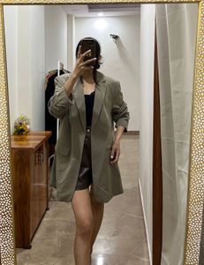 H&M LIGHT OLIVE RUCHED SLEEVES LOOSE FIT BLAZER