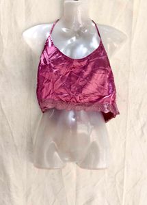 I. Shiny Pink Lace Trim Crop Top