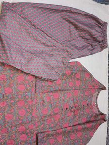 Grey &amp; Pink Floral Print Kurta