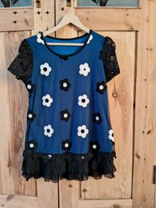 Blue Floral Mesh Dress with Black Lace Trim