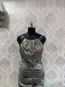 Elegant Grey Gown with Embellished Shoulders