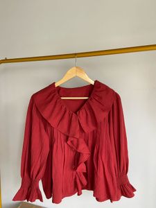 Ruffle Neckline Red Top