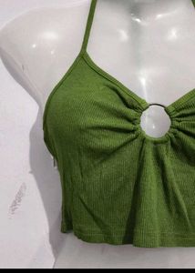 Green Ribbed Ring Detail Crop Top
