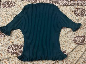 Zara Green Ribbed Ruffle Top
