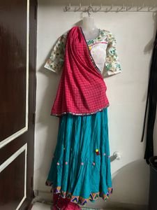 Vibrant Blue Lehenga Choli with Pink Dupatta