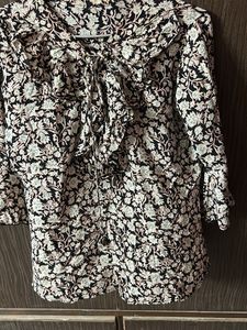 Floral Ruffle Tie-Neck Blouse