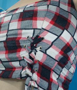 Red and black Plaid Lace-Up Crop Top