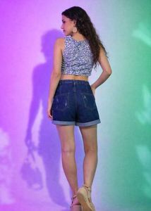 Chic Blue Floral Ruched Crop Top