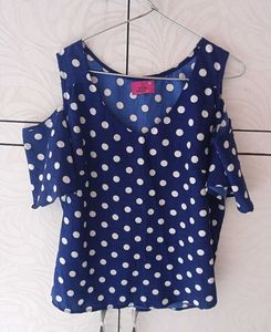 Blue Polka Dot Cold Shoulder Top