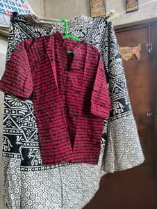 Red Kurta With Black & White Printskirt.