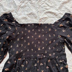 Black Floral Print Square Neck Top