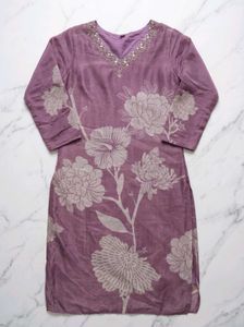 Purple Floral Kurta with Embellished Neckline