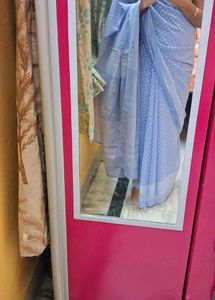 Elegant Blue Saree with White Polka Dots