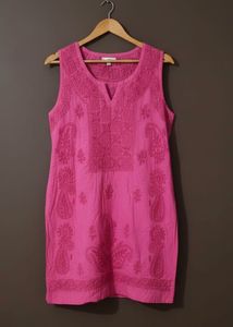 Pink handwork Chikankari Sleeveless Kurti