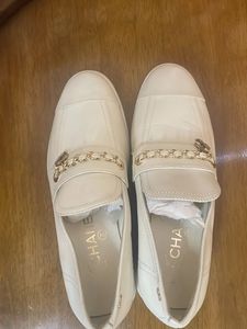 Chanel White Leather Chain Loafers