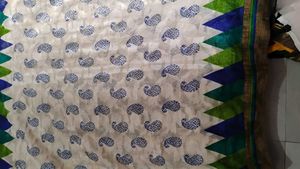 Elegant White Saree with Blue Print