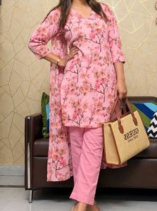 Pink Floral Kurta Set with attached dupatta