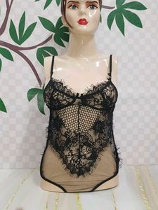 (1006)Lace Trim Sheer Black Bodysuit