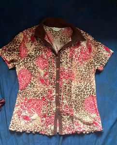 Cheetah print Ruffled Button-Up Top