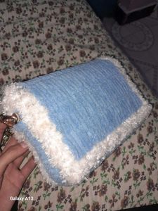 Blue &amp; White Striped Plush Chain Bag