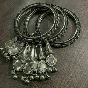 Oxidized Silver Bangles with Tassels