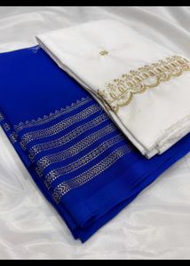 Elegant Blue Saree White Blouse Piece